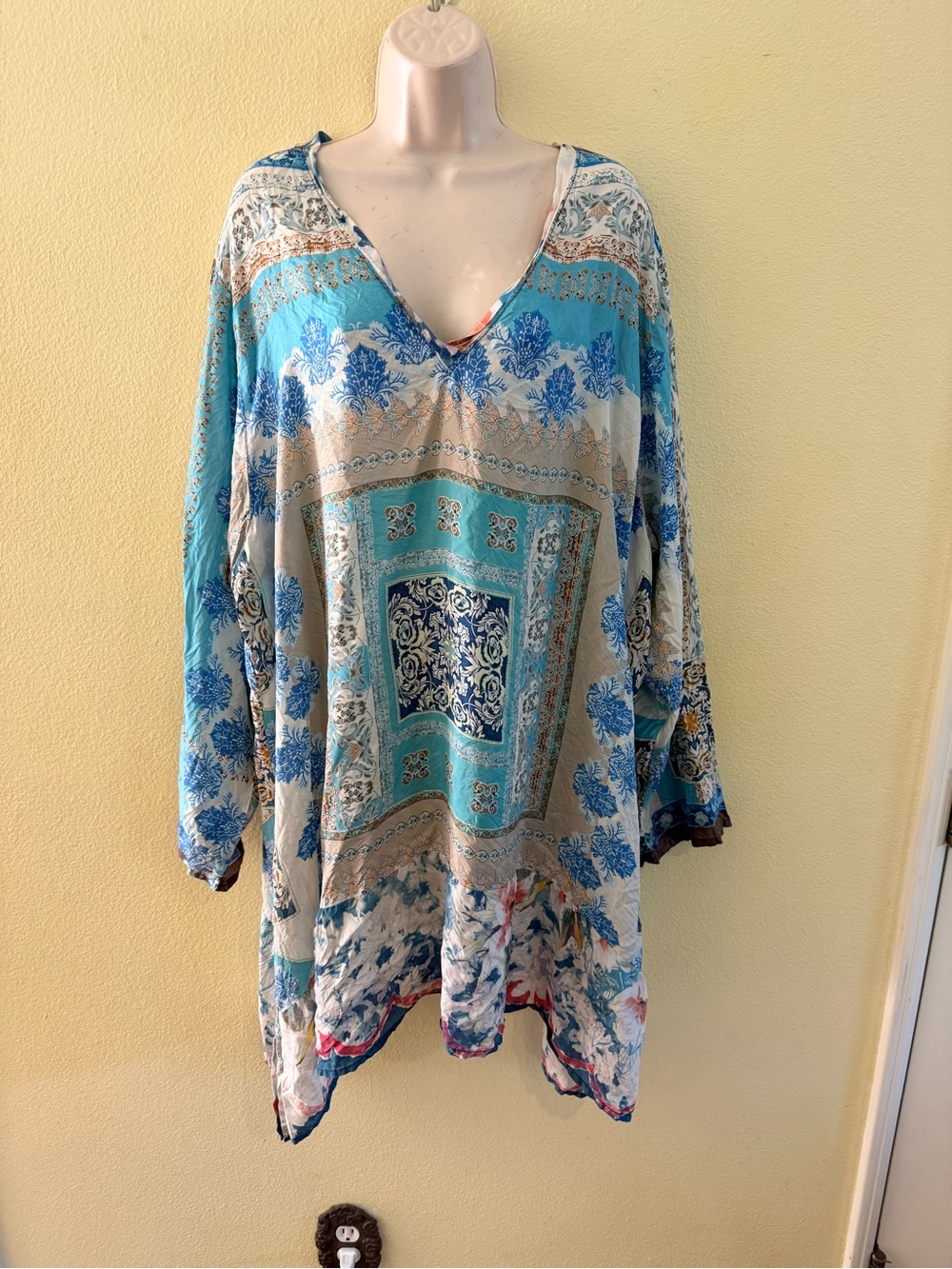 Johnny Was Teal and Cream Boho V-Neck Tunic/dress silk plus size 2x